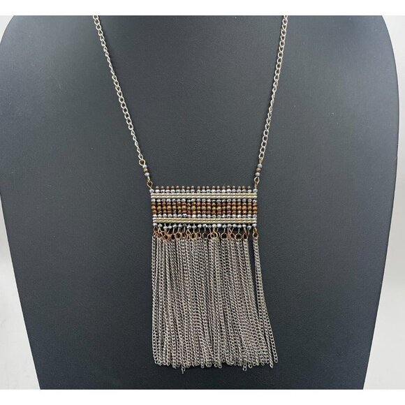 Beaded Tassel Fringe Pendant Chain Necklace Silver and Gold Tone 22 Inches - Picture 2 of 5